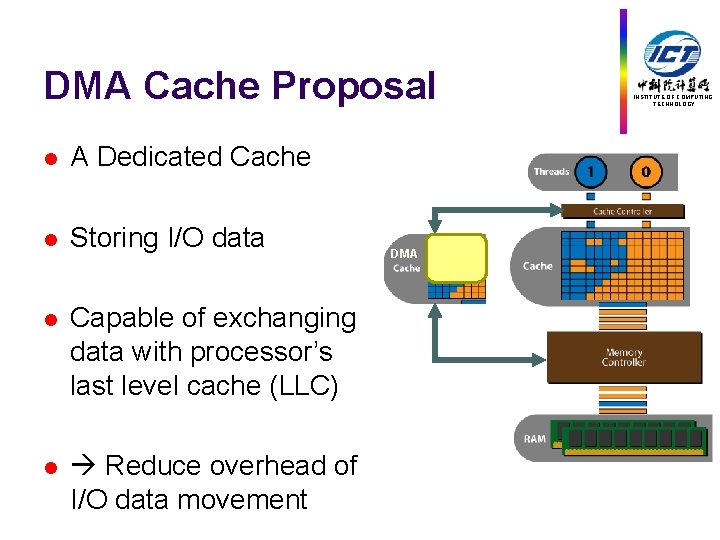 DMA Cache Proposal l A Dedicated Cache l Storing I/O data l Capable of