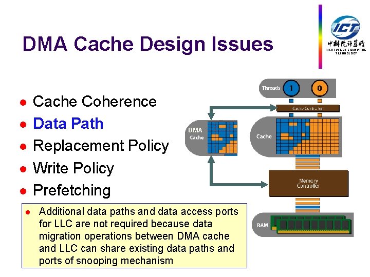 DMA Cache Design Issues l l l Cache Coherence Data Path Replacement Policy Write