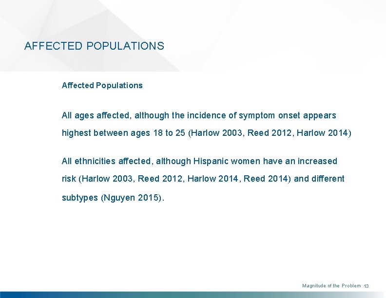 AFFECTED POPULATIONS Affected Populations All ages affected, although the incidence of symptom onset appears