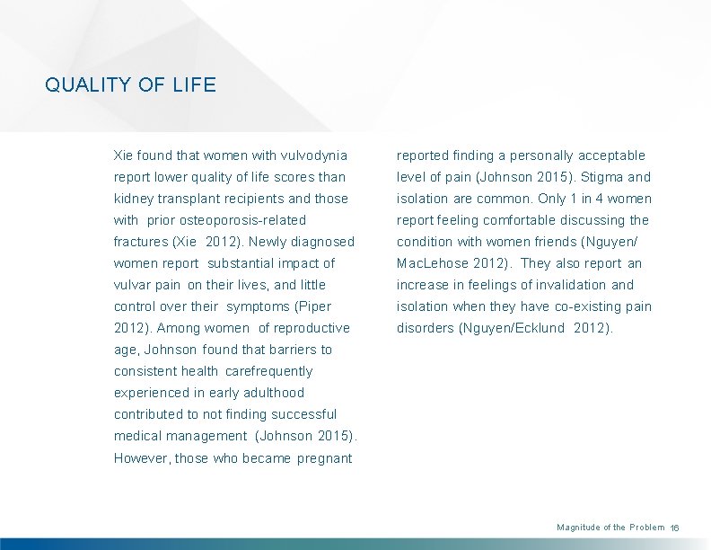 QUALITY OF LIFE Xie found that women with vulvodynia reported finding a personally acceptable