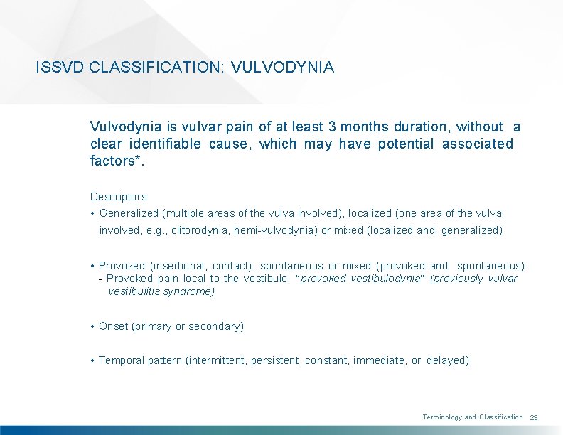 ISSVD CLASSIFICATION: VULVODYNIA Vulvodynia is vulvar pain of at least 3 months duration, without