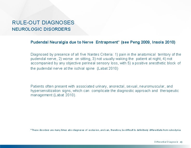 RULE-OUT DIAGNOSES NEUROLOGIC DISORDERS Pudendal Neuralgia due to Nerve Entrapment* (see Peng 2009, Insola