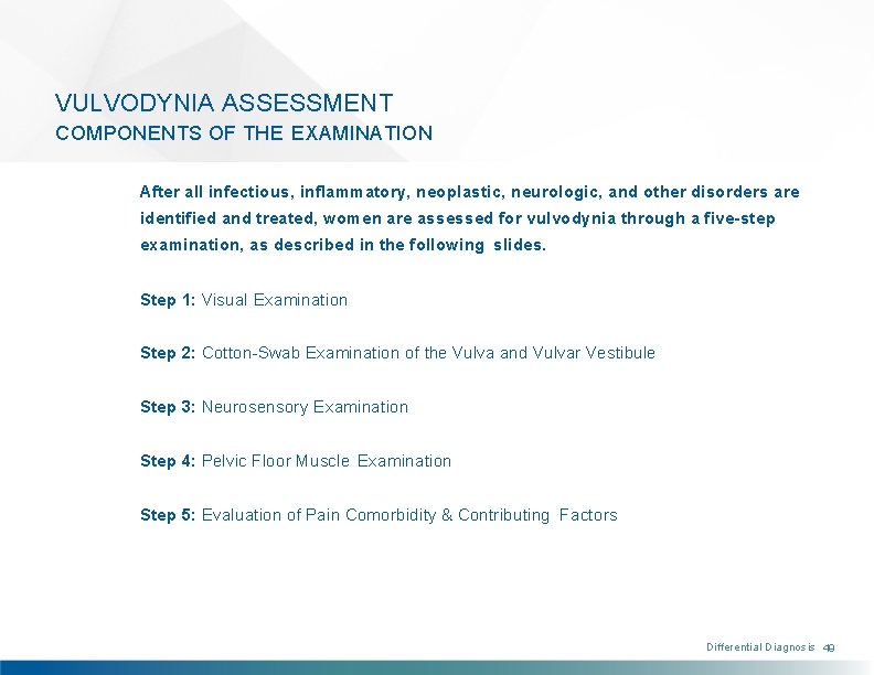 VULVODYNIA ASSESSMENT COMPONENTS OF THE EXAMINATION After all infectious, inflammatory, neoplastic, neurologic, and other