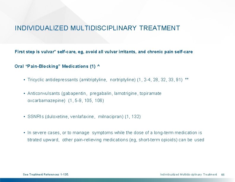 INDIVIDUALIZED MULTIDISCIPLINARY TREATMENT First step is vulvar* self-care, eg, avoid all vulvar irritants, and