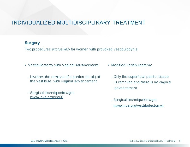 INDIVIDUALIZED MULTIDISCIPLINARY TREATMENT Surgery Two procedures exclusively for women with provoked vestibulodynia: • Vestibulectomy