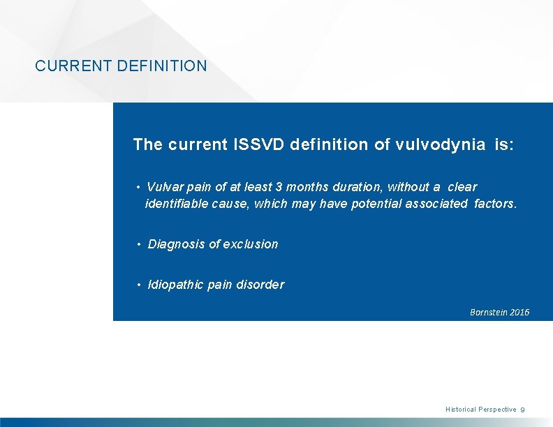 CURRENT DEFINITION The current ISSVD definition of vulvodynia is: • Vulvar pain of at