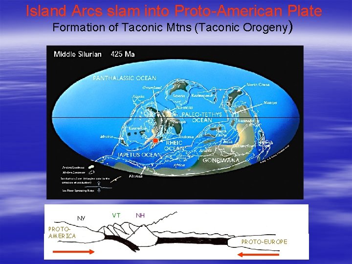 Island Arcs slam into Proto-American Plate Formation of Taconic Mtns (Taconic Orogeny) NY PROTOAMERICA