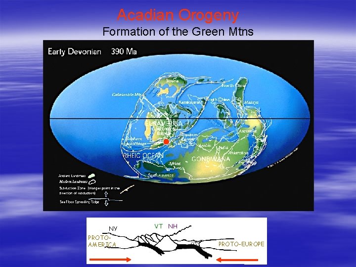 Acadian Orogeny Formation of the Green Mtns NY PROTOAMERICA VT NH PROTO-EUROPE 
