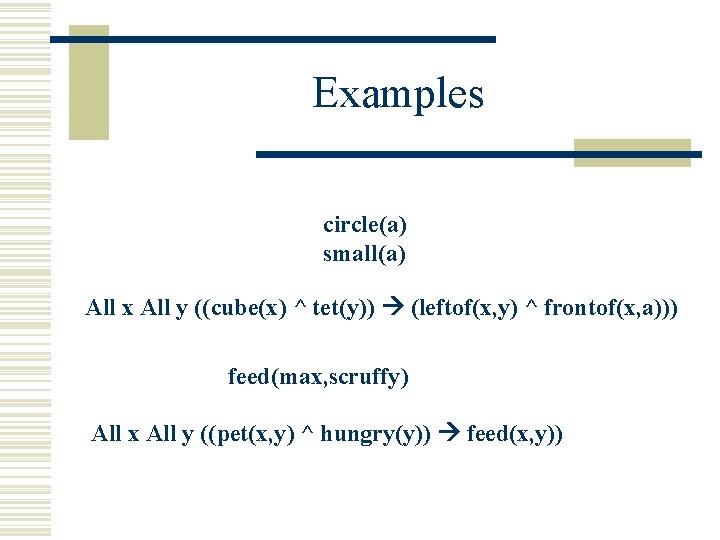 Examples circle(a) small(a) All x All y ((cube(x) ^ tet(y)) (leftof(x, y) ^ frontof(x, Examples circle(a) small(a) All x All y ((cube(x) ^ tet(y)) (leftof(x, y) ^ frontof(x,