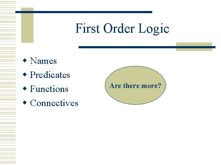 First Order Logic w Names w Predicates w Functions w Connectives Are there more? First Order Logic w Names w Predicates w Functions w Connectives Are there more?