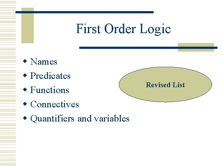 First Order Logic w Names w Predicates w Functions w Connectives w Quantifiers and First Order Logic w Names w Predicates w Functions w Connectives w Quantifiers and