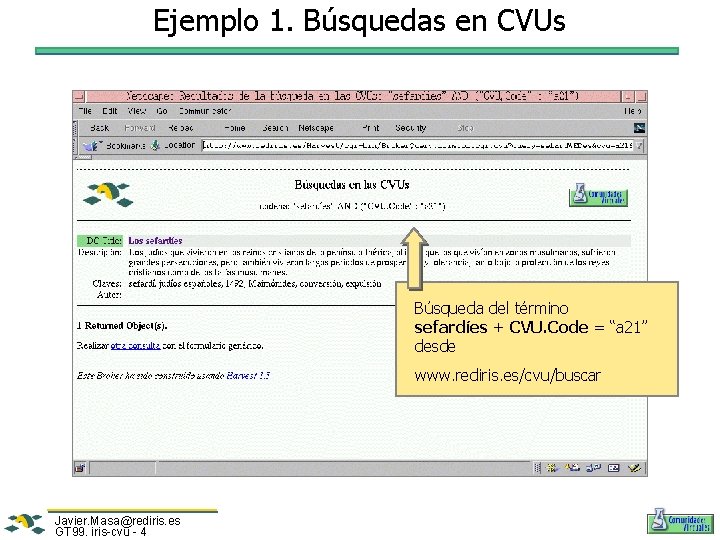 Ejemplo 1. Búsquedas en CVUs Búsqueda del término sefardíes + CVU. Code = “a