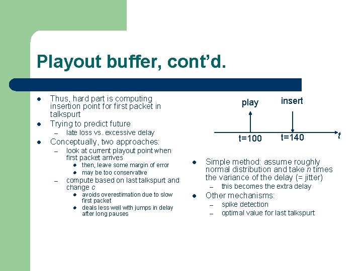 Playout buffer, cont’d. l l Thus, hard part is computing insertion point for first