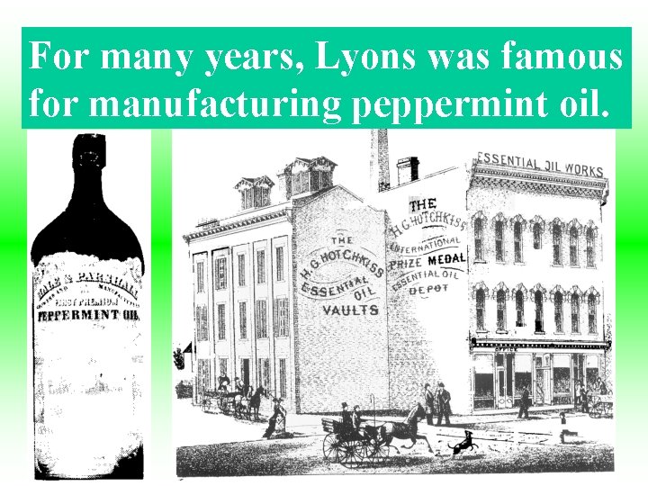 For many years, Lyons was famous for manufacturing peppermint oil. For many years, Lyons was famous for manufacturing peppermint oil.