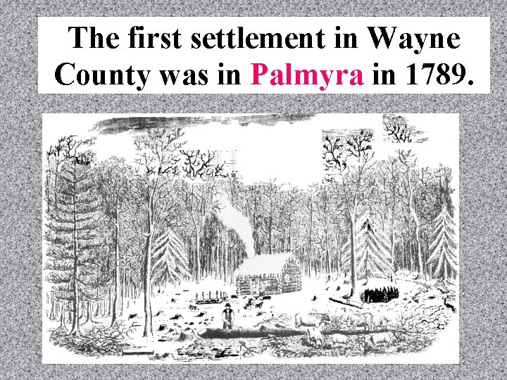 The first settlement in Wayne County was in Palmyra in 1789. The first settlement in Wayne County was in Palmyra in 1789.