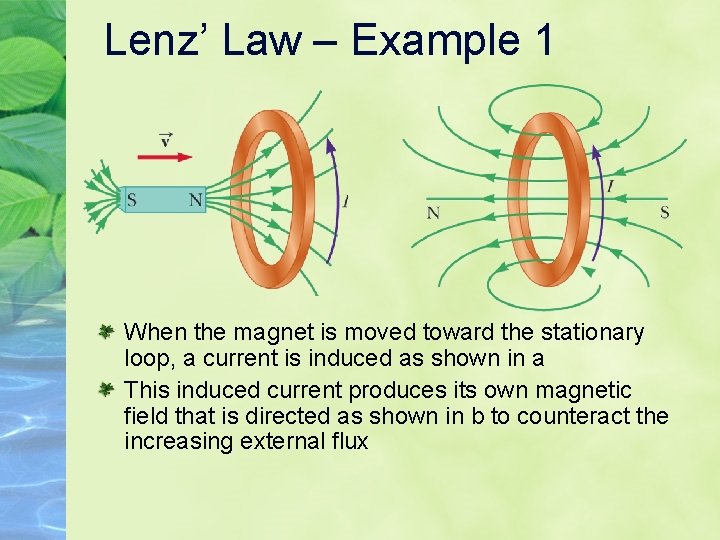 Lenz’ Law – Example 1 When the magnet is moved toward the stationary loop, Lenz’ Law – Example 1 When the magnet is moved toward the stationary loop,