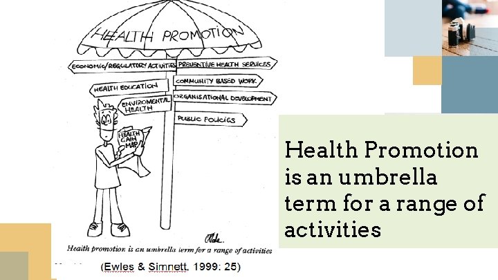 Health Promotion is an umbrella term for a range of activities 