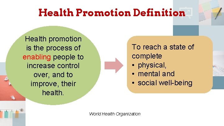 Health Promotion Definition Health promotion is the process of enabling people to increase control