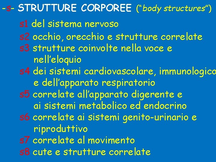 -s- STRUTTURE CORPOREE (“body structures”) s 1 del sistema nervoso s 2 occhio, orecchio