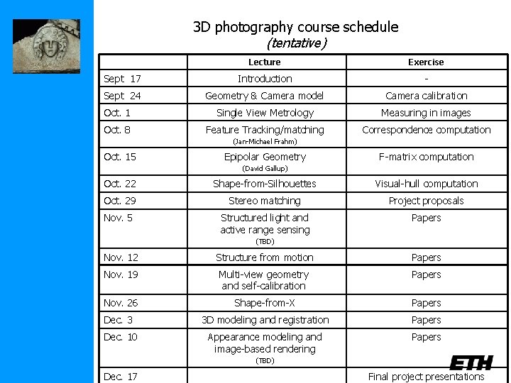 3 D photography course schedule (tentative) Lecture Exercise Sept 17 Introduction - Sept 24