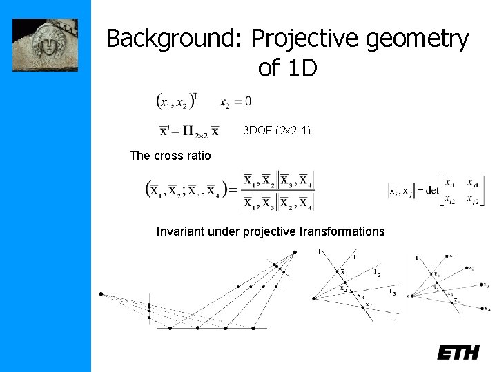 Background: Projective geometry of 1 D 3 DOF (2 x 2 -1) The cross
