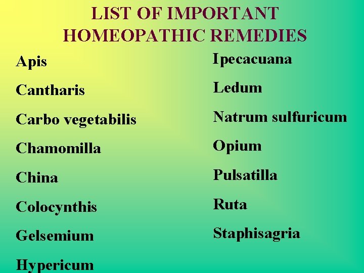 LIST OF IMPORTANT HOMEOPATHIC REMEDIES Apis Ipecacuana Cantharis Ledum Carbo vegetabilis Natrum sulfuricum Chamomilla