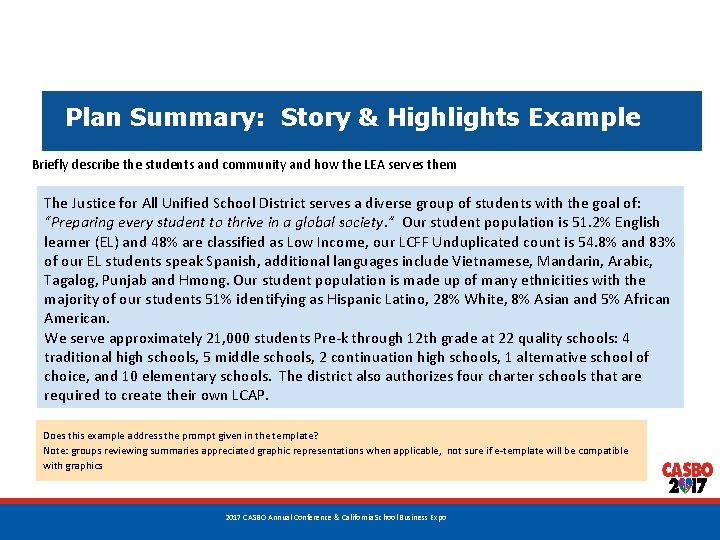 Plan Summary: Story & Highlights Example Briefly describe the students and community and how Plan Summary: Story & Highlights Example Briefly describe the students and community and how