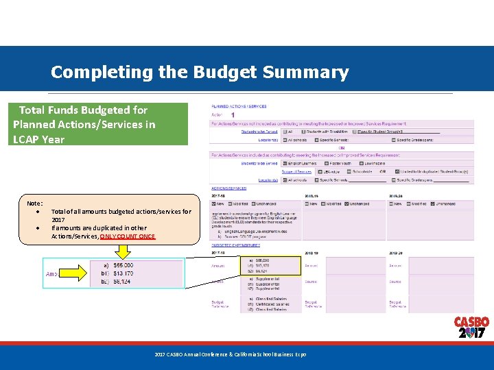 Completing the Budget Summary Total Funds Budgeted for Planned Actions/Services in LCAP Year Note: