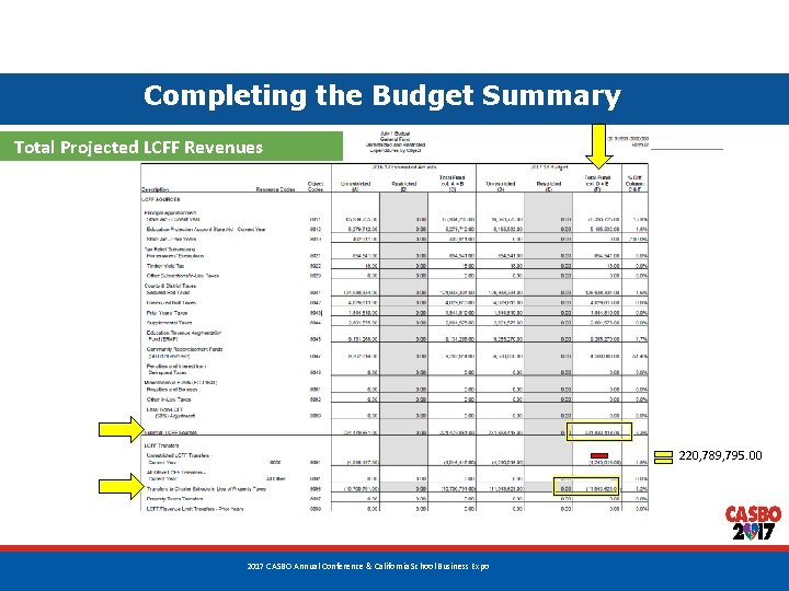 Completing the Budget Summary Total Projected LCFF Revenues 220, 789, 795. 00 22 2017 Completing the Budget Summary Total Projected LCFF Revenues 220, 789, 795. 00 22 2017