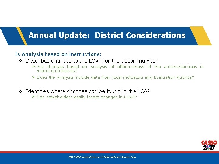 Annual Update: District Considerations Is Analysis based on instructions: ❖ Describes changes to the