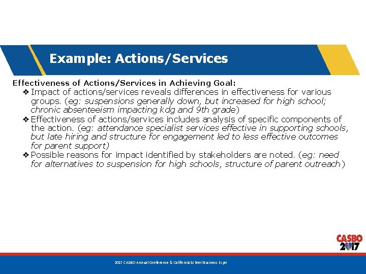 Example: Actions/Services Effectiveness of Actions/Services in Achieving Goal: ❖ Impact of actions/services reveals differences Example: Actions/Services Effectiveness of Actions/Services in Achieving Goal: ❖ Impact of actions/services reveals differences