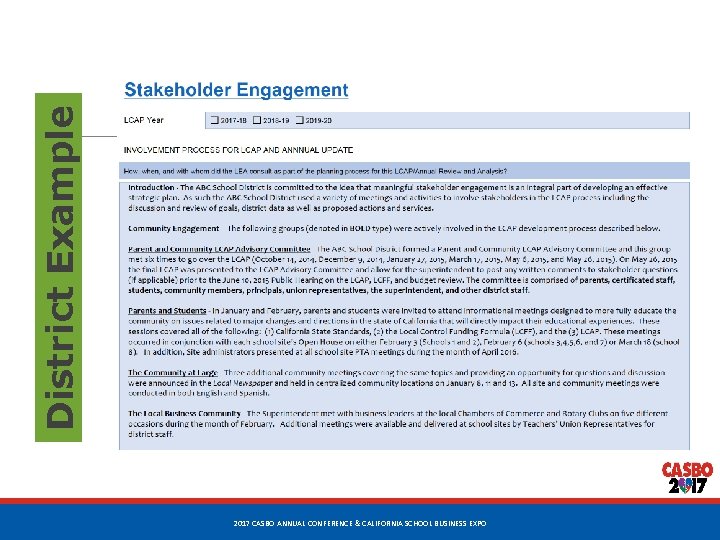 District Example 39 2017 CASBO ANNUAL CONFERENCE & CALIFORNIA SCHOOL BUSINESS EXPO District Example 39 2017 CASBO ANNUAL CONFERENCE & CALIFORNIA SCHOOL BUSINESS EXPO