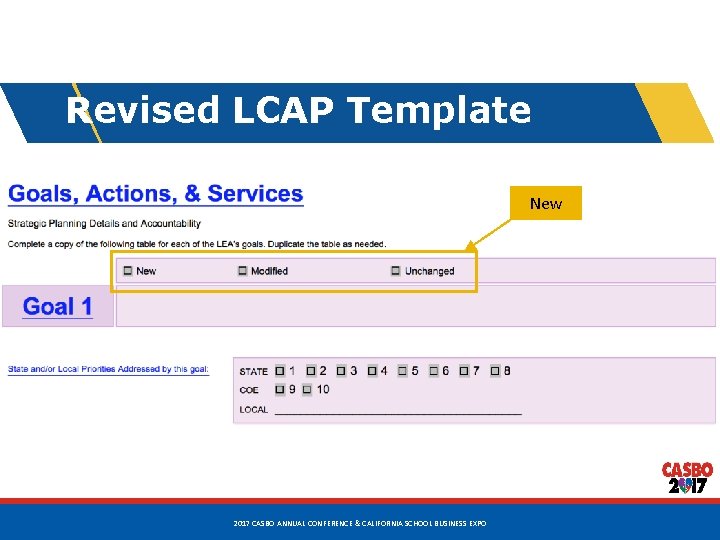 Revised LCAP Template New 44 2017 CASBO ANNUAL CONFERENCE & CALIFORNIA SCHOOL BUSINESS EXPO Revised LCAP Template New 44 2017 CASBO ANNUAL CONFERENCE & CALIFORNIA SCHOOL BUSINESS EXPO
