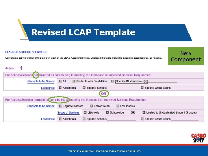 Revised LCAP Template New Component 46 2017 CASBO ANNUAL CONFERENCE & CALIFORNIA SCHOOL BUSINESS Revised LCAP Template New Component 46 2017 CASBO ANNUAL CONFERENCE & CALIFORNIA SCHOOL BUSINESS