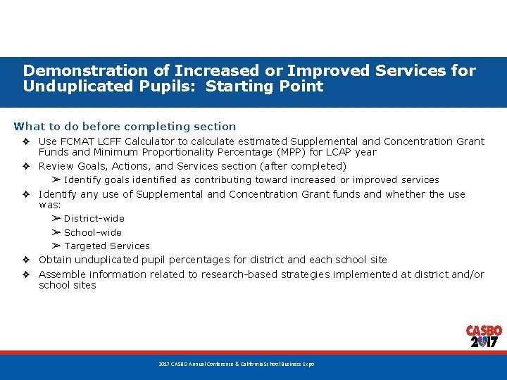 Demonstration of Increased or Improved Services for Unduplicated Pupils: Starting Point What to do