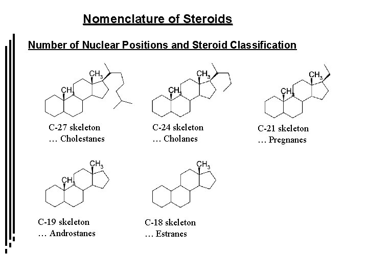 Nomenclature of Steroids Number of Nuclear Positions and Steroid Classification C-27 skeleton … Cholestanes