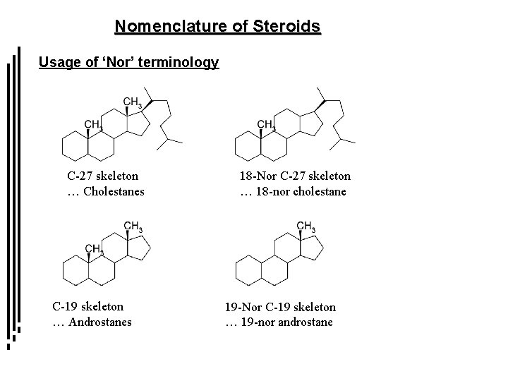 Nomenclature of Steroids Usage of ‘Nor’ terminology C-27 skeleton … Cholestanes C-19 skeleton …