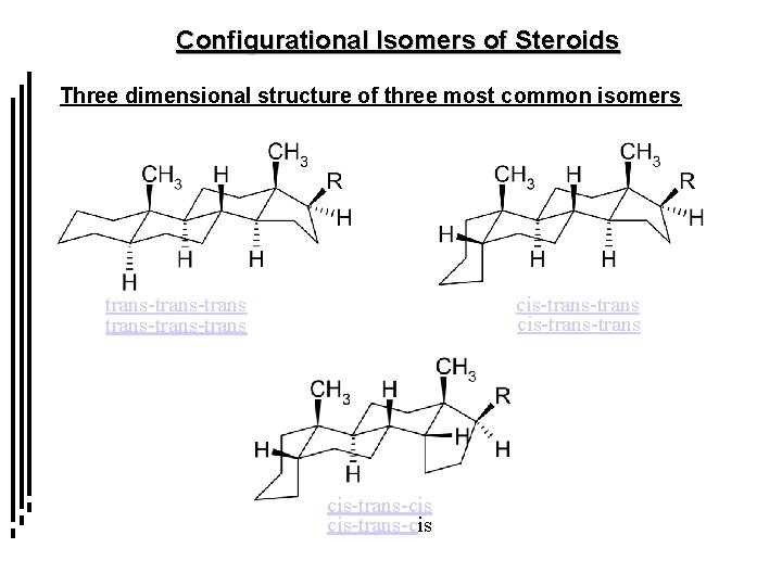 Configurational Isomers of Steroids Three dimensional structure of three most common isomers trans-trans-trans cis-trans-trans