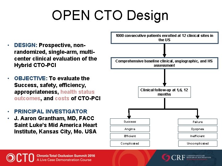 OPEN CTO Design • DESIGN: Prospective, nonrandomized, single-arm, multicenter clinical evaluation of the Hybrid