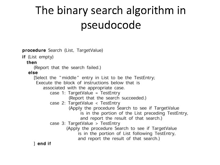 The binary search algorithm in pseudocode 