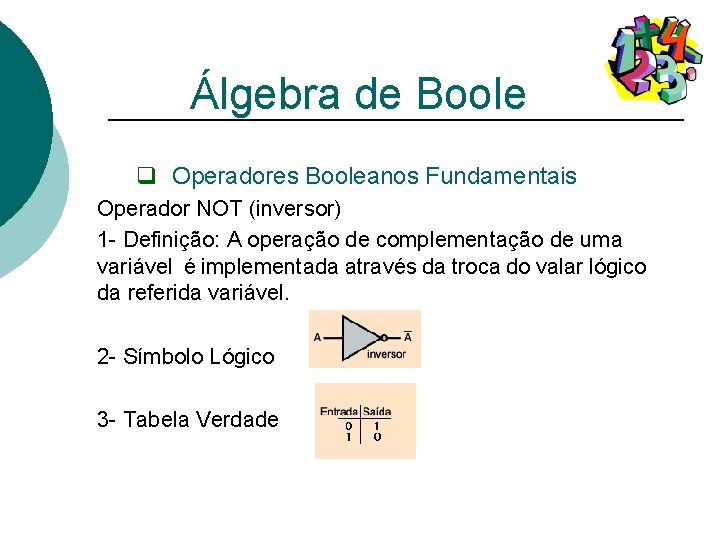 Álgebra de Boole q Operadores Booleanos Fundamentais Operador NOT (inversor) 1 - Definição: A