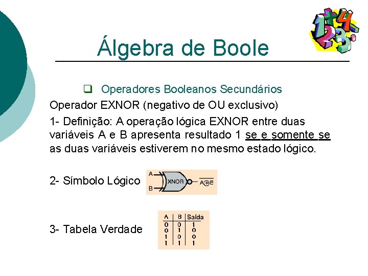 Álgebra de Boole q Operadores Booleanos Secundários Operador EXNOR (negativo de OU exclusivo) 1