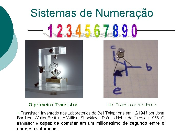 Sistemas de Numeração O primeiro Transistor Um Transistor moderno v. Transistor: inventado nos Laboratórios