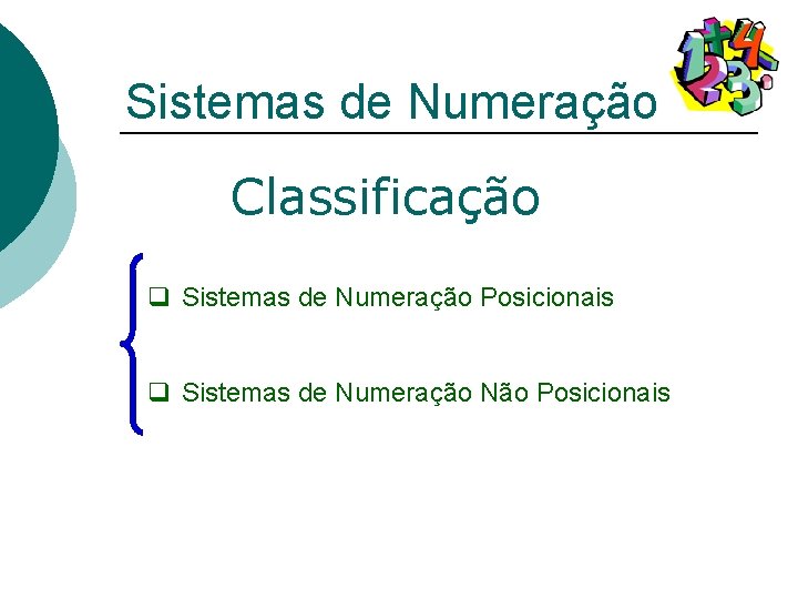 Sistemas de Numeração Classificação q Sistemas de Numeração Posicionais q Sistemas de Numeração Não