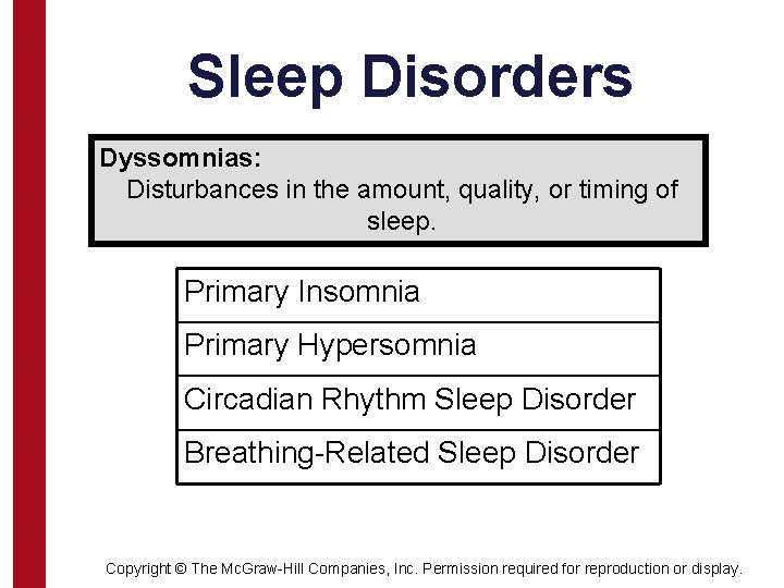 Sleep Disorders Dyssomnias: Disturbances in the amount, quality, or timing of sleep. Primary Insomnia