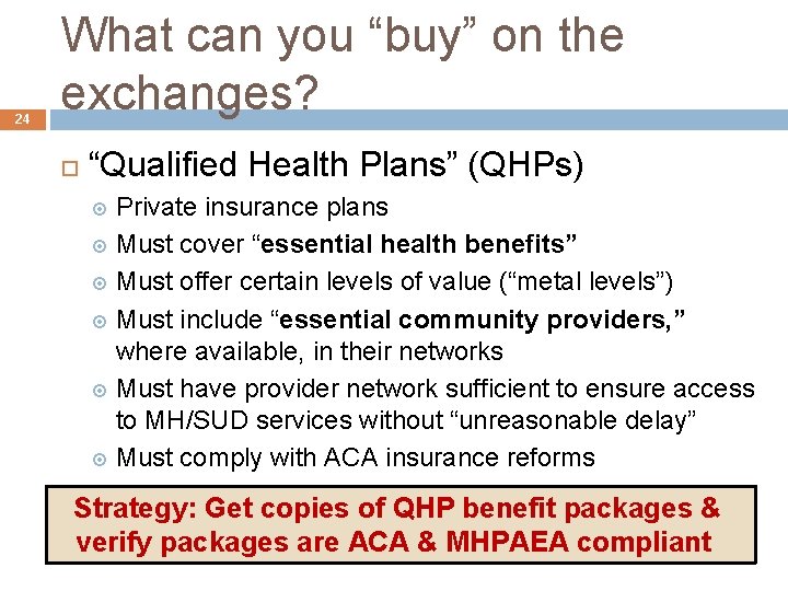 24 What can you “buy” on the exchanges? “Qualified Health Plans” (QHPs) Private insurance