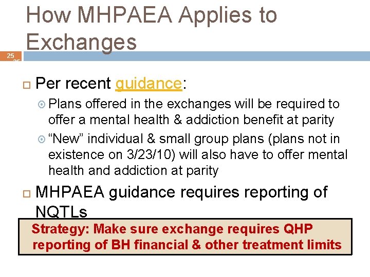 25 25 How MHPAEA Applies to Exchanges Per recent guidance: Plans offered in the