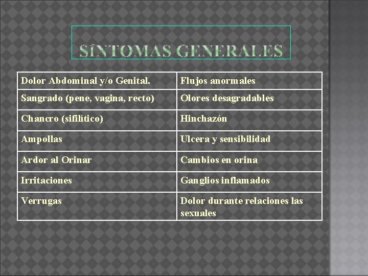 Dolor Abdominal y/o Genital. Flujos anormales Sangrado (pene, vagina, recto) Olores desagradables Chancro (sifilítico)