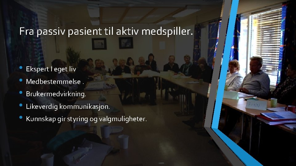 Fra passiv pasient til aktiv medspiller. • Ekspert I eget liv • Medbestemmelse. •