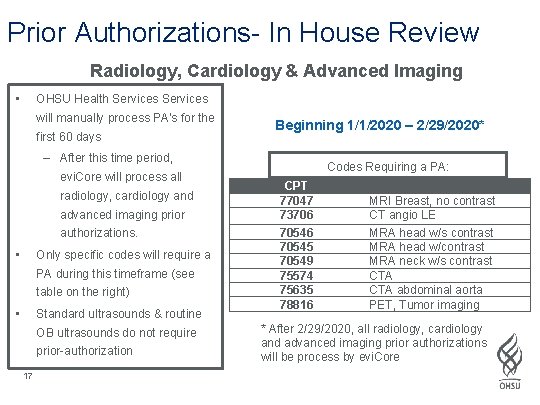 Prior Authorizations- In House Review Radiology, Cardiology & Advanced Imaging • OHSU Health Services